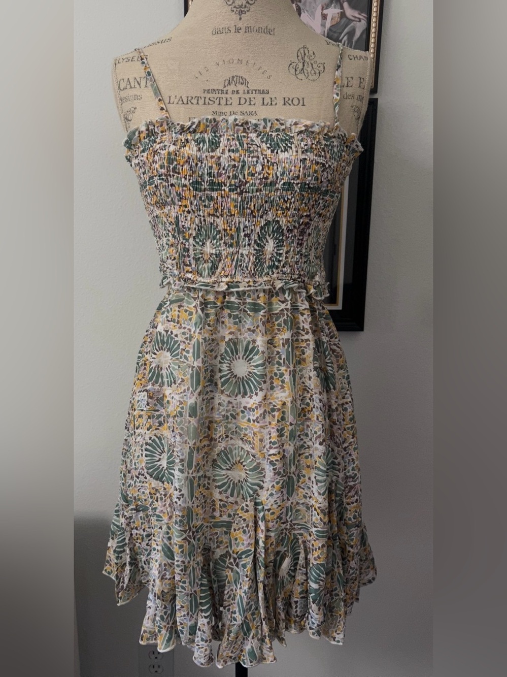 NWT Smocked Floral Spaghetti-Strap Sundress in Green and Cream